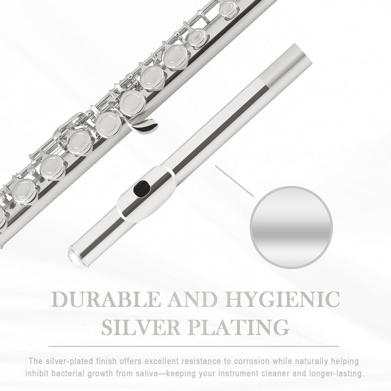 SONICAKE Closed Hole 16 Keys Flute, Silver-plated C Flutes for Beginner Student, Flute Instrument with Cleaning Kit, Carrying Case, Gloves, Tuning Rod, QFL-11 - Image 4